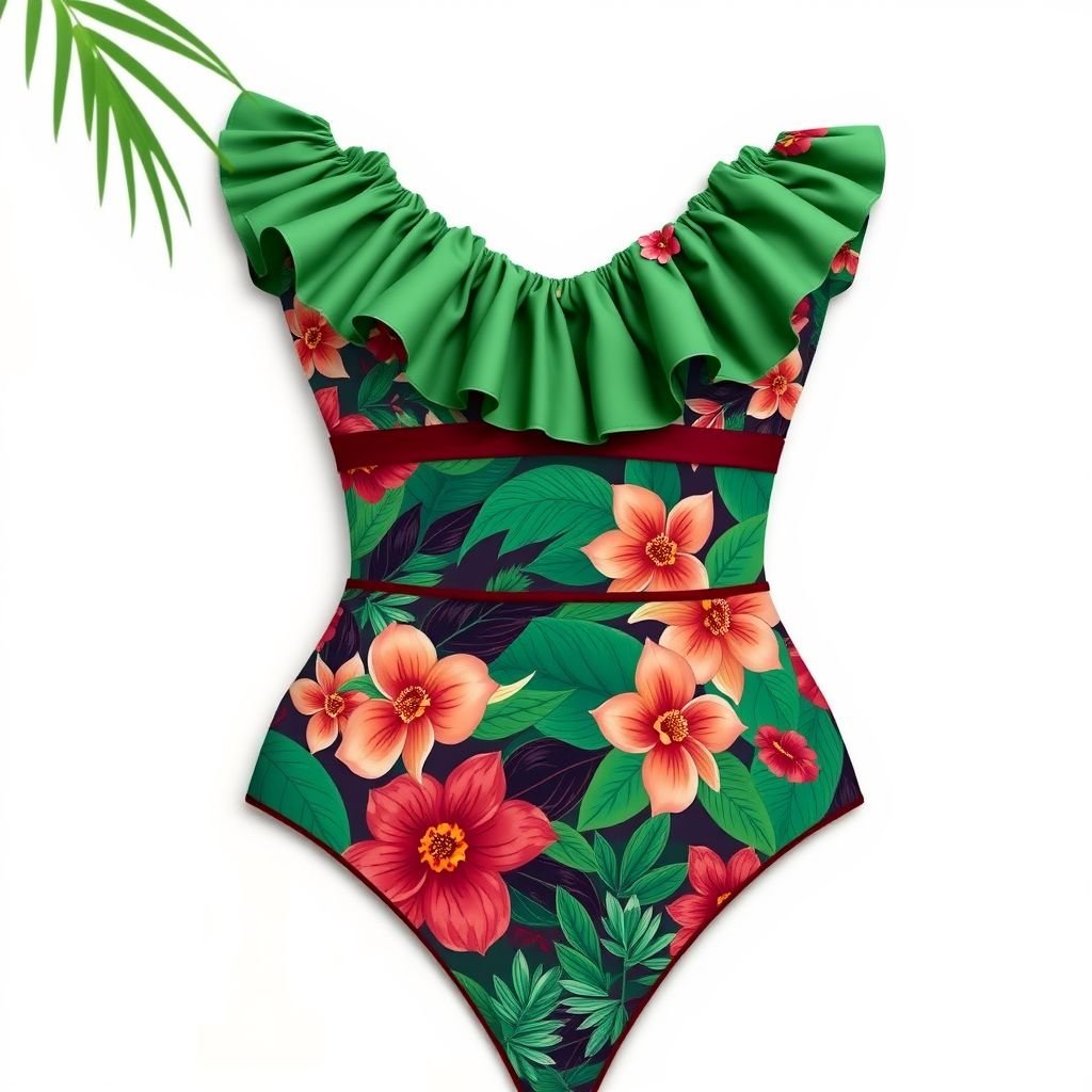 swimsuit inspired by Gucci
Design a luxurious swimsuit that embodies Gucci's eclectic style, featuring bold, vibrant prints of tropical florals intertwined with geometric patterns. Add retro gold hardware accents and a high-waisted silhouette, complemented by oversized ruffles along the neckline. The color palette should consist of deep emerald greens and rich burgundies, evoking opulence and playful sophistication.