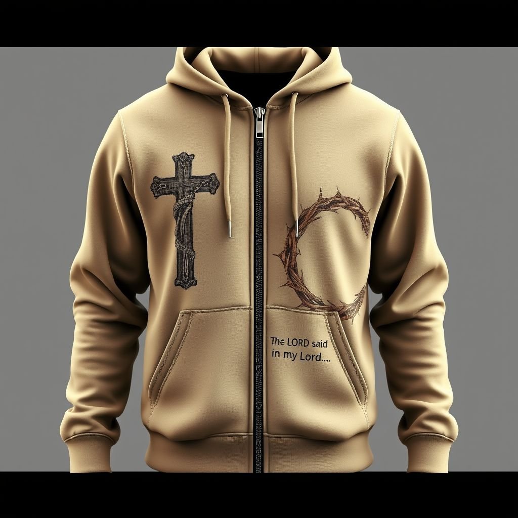Zip up hoodie with a cross on the left hand side in the front of the hoodie and the crown of thorns on the bottom of the hoodie. “The LORD said unto my Lord, Sit thou at my right hand, until I make thine enemies thy footstool.” Psalms 110:1 and a cross on the bottom.
Design a streetwear-inspired zip-up hoodie in soft, muted earth tones. The left side features an intricately embroidered cross, while a detailed crown of thorns weaves around the hem. The phrase, “The LORD said unto my Lord…” is subtly printed along the zipper, blending spirituality with urban style. Perfect for statement-making moments.