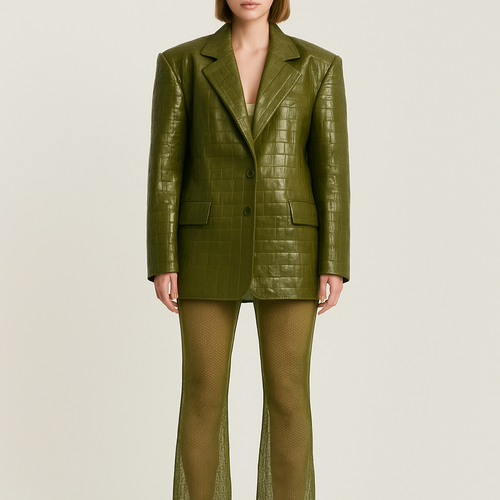Can you make a leather oversized blazer crocodile print coming to the mid thigh in olive green with shoulder pads
Can you change it to high gloss shine and a lighter shade of olive and show it on a model with bare legs
Can you make the crocodile print more detailed and change the shade to a more shade green and pair it with the same colour mesh trousers
Can you change the colour to cherry red with matching mesh trousers that have a faint snake print design
Can you make the blazer more oversized and a deeper shade of red closer to wine and the trousers looser
Can you show the image in full length with mesh snakeskin flares
Can you change the whole outfit colour to beige
Change to cream with smaller crocodile print design