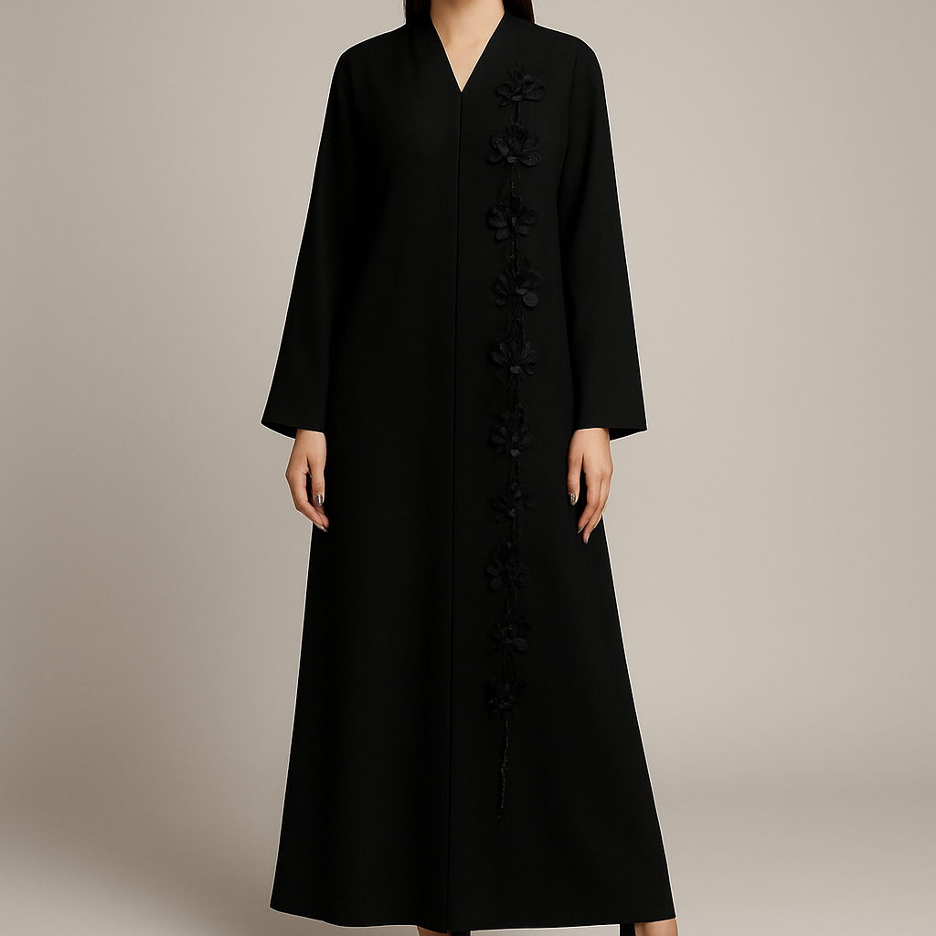 The Classic Floral Side-Line Abaya
Tone: Jet Black
Design:
A straight line of delicate 3D flowers + stones running down one side only.
Why it will sell:
Very slimming, minimal, elegant — perfect for everyday + occasions.
The Classic Floral Side-Line Abaya
Tone: Jet Black
Design:
A straight line of delicate 3D flowers + stones running down one side only.
Why it will sell:
Very slimming, minimal, elegant — perfect for everyday + occasions.