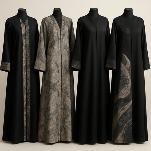 Create a modest abaya that's the first of its kind, featuring a unique stone design that exudes a classy and sophisticated vibe. I'd like four designs, each showcasing different styles and fabrics.
Incorporate high-end, unique chic stone designs to make them truly special.