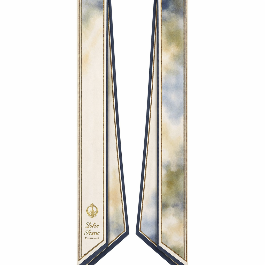 Design a 5cm x 86cm silk twill scarf for a luxury brand called Jolie Franc. The style blends American preppy tailoring, British refinement, and subtle French Impressionist artistry. Feature a clean, tailored interior field with a softly painterly border inspired by French Impressionist light and atmosphere. The border should show gentle color transitions rather than visible brushstrokes. Use a timeless, all-season palette of warm ivory, deep navy, soft steel blue, and muted olive, with discreet antique gold detailing. Include a precise framed border and hand-rolled edges. The overall design should feel polished, artistic, and instantly recognizable when wrapped around a Kelly-style bag handle or worn for elegant day-to-evening occasions.
Design a 5cm x 86cm silk twill scarf for a luxury brand called Jolie Franc. The style blends American preppy tailoring, British refinement, and subtle French Impressionist artistry. Feature a clean, tailored interior field with a softly painterly border inspired by French Impressionist light and atmosphere. The border should show gentle color transitions rather than visible brushstrokes. Use a timeless, all-season palette of warm ivory, deep navy, soft steel blue, and muted olive, with discreet antique gold detailing. Include a precise framed border and hand-rolled edges. The overall design should feel polished, artistic, and instantly recognizable when wrapped around a Kelly-style bag handle or worn for elegant day-to-evening occasions., classic style, show front and back