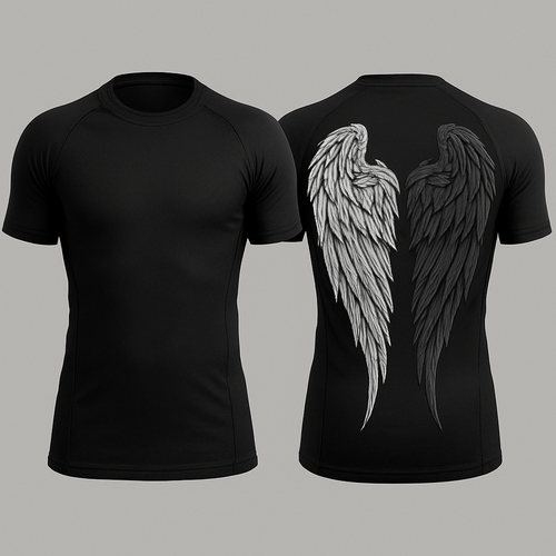Black base short sleeve compression jujitsu rash guard shirt. 2 angle wings on the back, one white and the other dark gray. Make the wings kinda form a shape of a heart without making it too obnoxious so the wings look natural still 

Little less of a heart shape and make the wings come down almost to the bottom of the shirt 

 