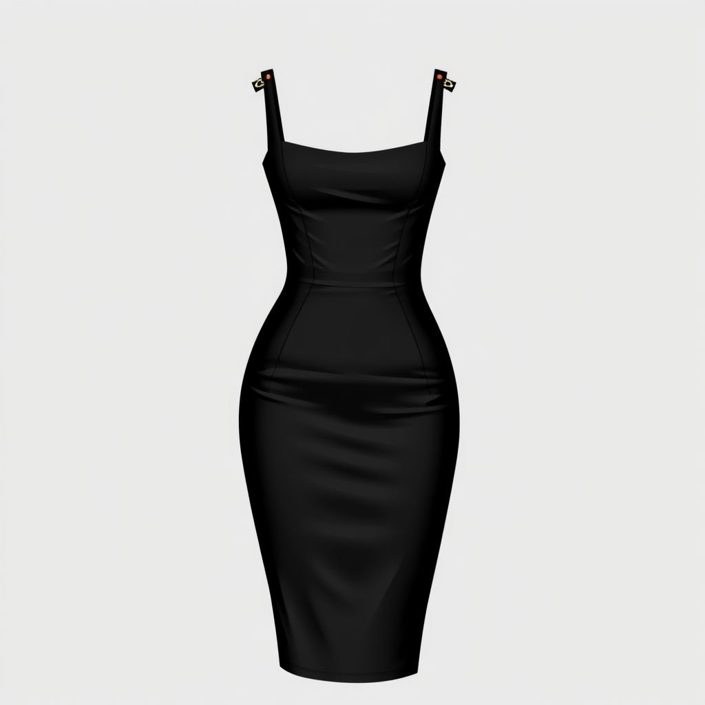 Design a black bodycon midi length (just over the knee) dress with a fitted silhouette. Add contrasting white details along the shoulder straps. The dress should have thin straps and a corset like fit at the top with a more lose fit in satin at the bottom no slit. The neckline should be square.
Design a timeless black bodycon midi dress, elegantly crafted with a fitted silhouette that celebrates classic beauty. Incorporate delicate contrasting white details along the shoulder straps, enhancing sophistication. The dress features thin straps and a corset-like fit at the bodice, flowing gracefully into a satin skirt, ensuring refined movement without a slit. The square neckline adds an exquisite touch, epitomizing enduring style.