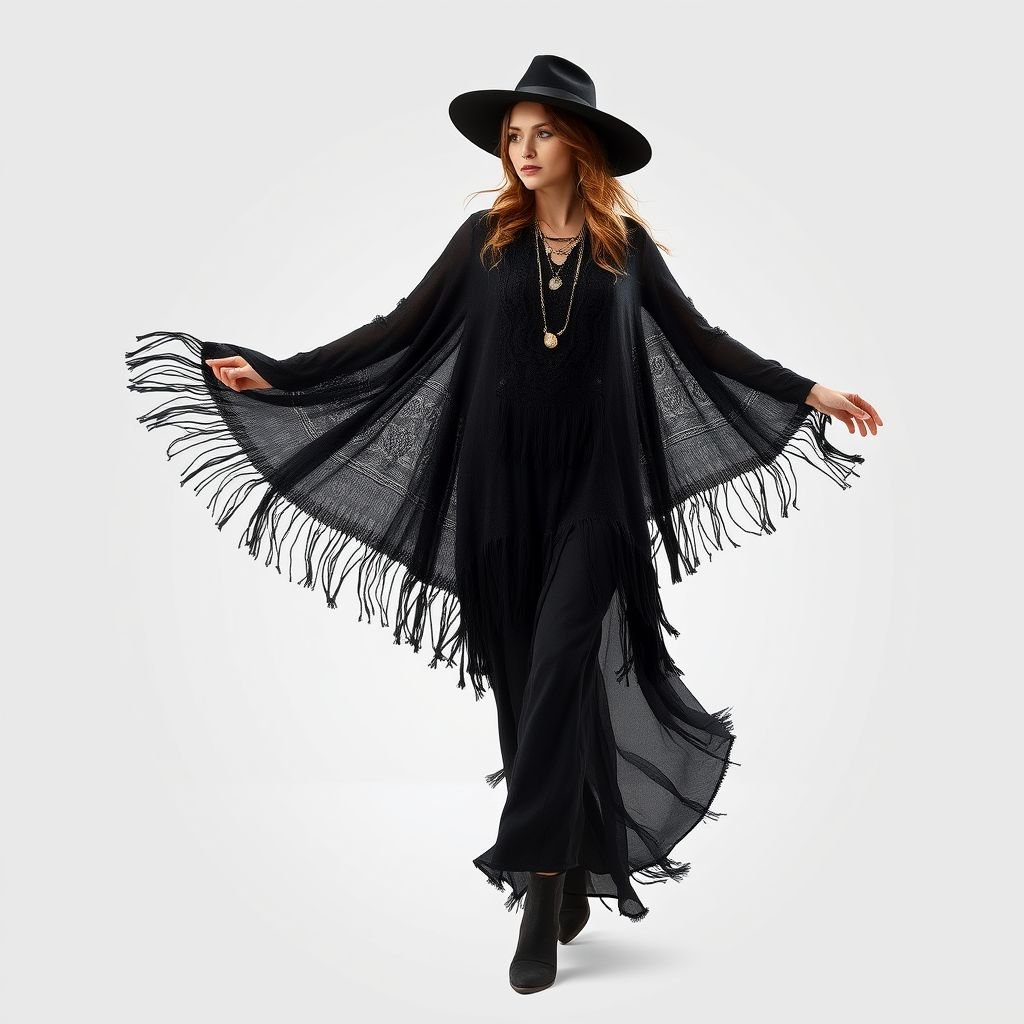All black, whispy
Design an ethereal bohemian ensemble in all-black, featuring flowing, wispy fabrics that dance with movement. Incorporate layered maxi skirts, intricate lace overlays, and oversized shawls adorned with fringe. Accessorize with eclectic, vintage jewelry, wide-brimmed felt hats, and soft suede ankle boots to enhance the free-spirited, artistic vibe of bohemian style.