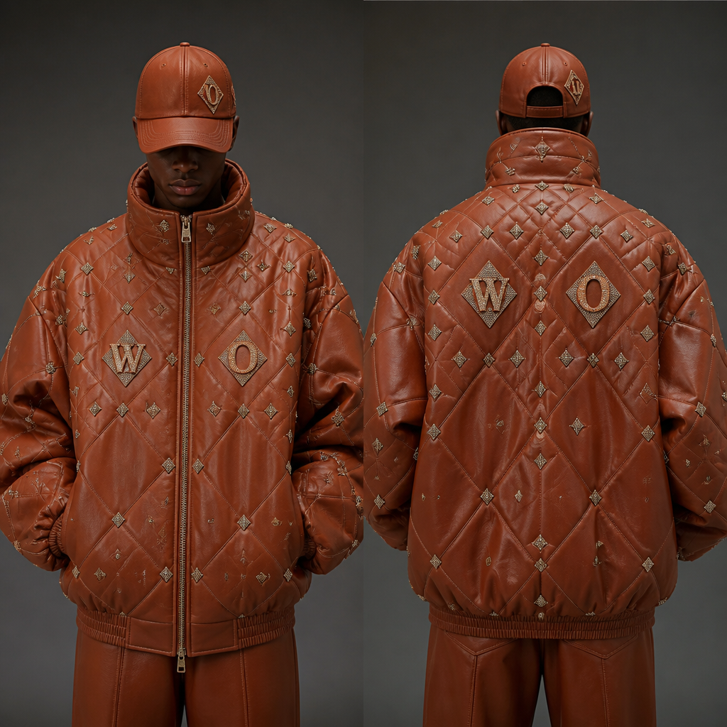 Terracotta leather quilted jacket zip up collar oversized with a baseball cap to match and diamonds on the jacket with a w and a o on the cap on the right side put a w and a o in diamonds
photorealistic fashion design, Terracotta leather quilted jacket zip up collar oversized with a baseball cap to match and diamonds on the jacket with a w and a o on the cap on the right side put a w and a o in diamonds , haute_couture style, just the design no text, show front and back