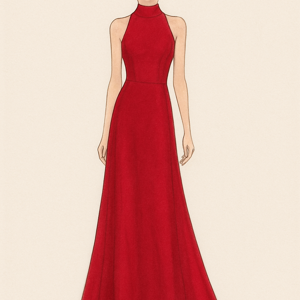 A long dress color red high
neck and sleeveless
A long dress color red high
neck and sleeveless
