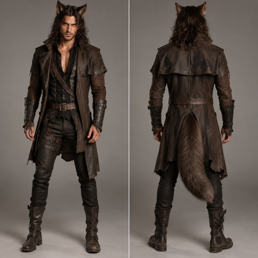 I want a werewolf costume for a man easy for Halloween half wolf half human with détails
But withou much fur just the tail and the Ears and golf eyes and Dark brown Hair long
photorealistic fashion design, I want a werewolf costume for a man easy for Halloween half wolf half human with détails
But withou much fur just the tail and the Ears and golf eyes and Dark brown Hair long , just the design no text, show front and back
