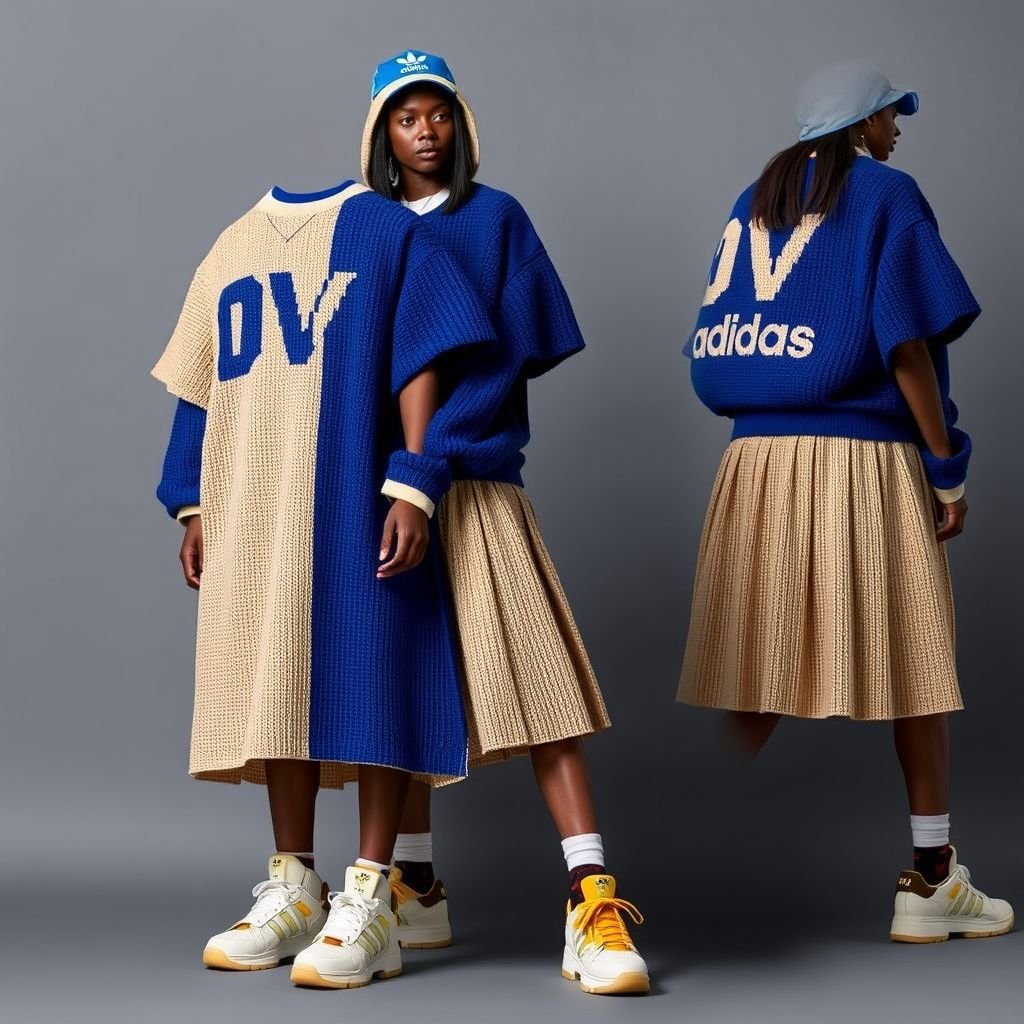 A blue and beige two toned crochet shirt and skirt, that says “DV X Adidas” on it, with 3stripes
Design a striking streetwear ensemble featuring a blue and beige two-toned crochet shirt and matching skirt adorned with bold “DV X Adidas” lettering. Infuse contemporary urban flair with oversized silhouettes, layered textures, and attitude-driven elements. Complete the look with chunky sneakers and vibrant accessories, embodying the essence of street culture.