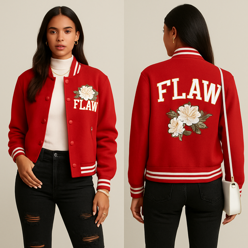 Red letterman jacket with FLAW on it with flowers white turtleneck short sleeves 
Gold necklace 
Black ripped jeans white heel boots gold rings Gold bracelet 
White crossbody purse 
