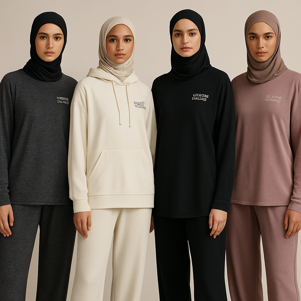 Create a revolutionary women’s modest loose gym wear brand called “Modest Fleur”. Display the brand name on the garments in a unique design on the upper right side, in small thick writing that exudes a classy and sophisticated vibe. I’d like four designs, each showcasing different styles and fabrics, with high-end, unique chic designs to make them truly special.

Create a revolutionary women’s modest loose gym wear brand called “Modest Fleur”. Display the brand name on the garments in a unique design on the upper right side, in small thick writing that exudes a classy and sophisticated vibe. I’d like four designs, each showcasing different styles and fabrics, with high-end, unique chic designs to make them truly special.