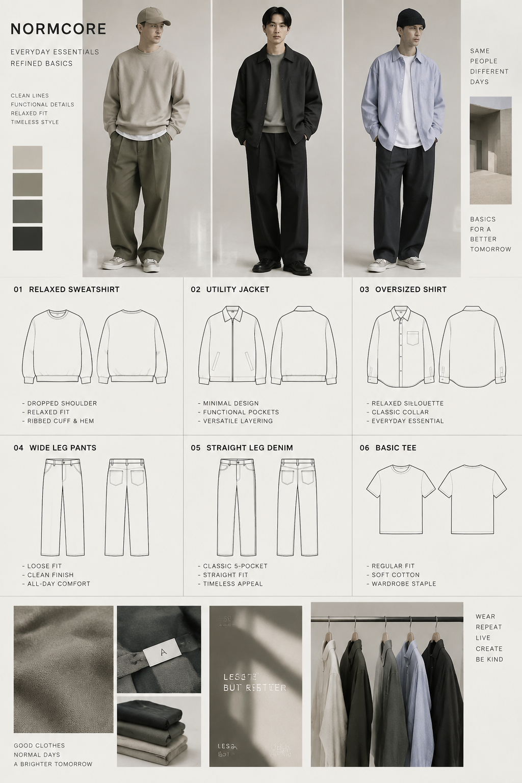 As a fashion and pattern designer focused on creativity and style, our current aesthetic leans towards menswear and basics. Please provide a few design concepts.
As a fashion and pattern designer focused on creativity and style, our current aesthetic leans towards menswear and basics. Please provide a few design concepts., normcore style