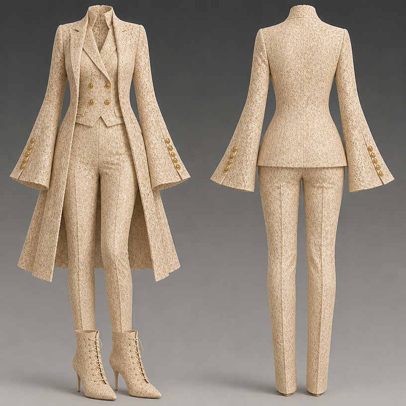 Remove dress and replace with long fitted pants and a fitted double breasted vest
edit the attached fashion design with these instructions: Remove dress and replace with long fitted pants and a fitted double breasted vest. keep it photorealistic, just the design no text