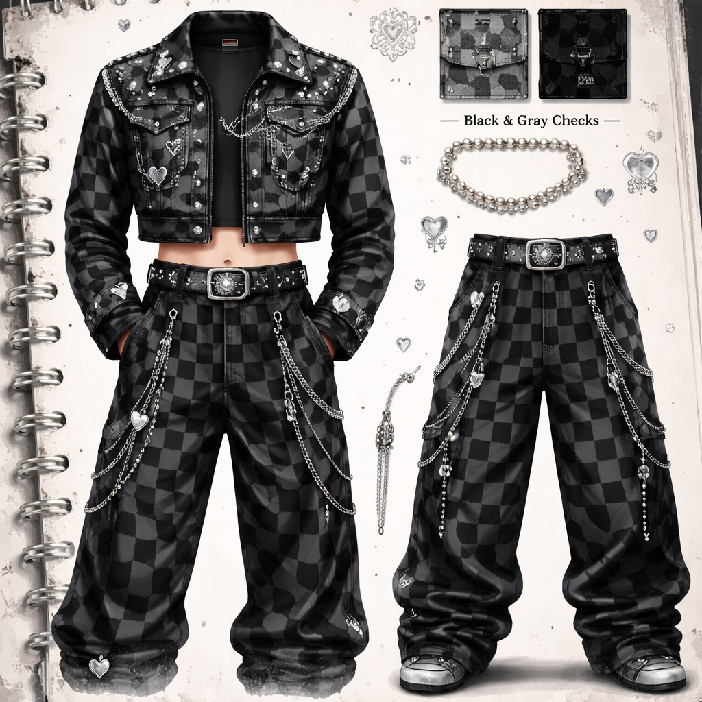 Checked sin black and gray with damienkas and black and white pearls in a Y2K style cut for men, designed as a project not on a model
Checked sin black and gray with damienkas and black and white pearls in a Y2K style cut for men, designed as a project not on a model
