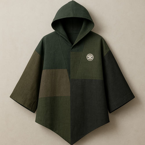 A modern Japanese fusion haori-hoodie with a clean pointed front cut, attached minimalist hood, slightly oversized fit, and premium natural fabrics like hemp, linen, or cotton-linen blend. Use subtle patchwork in tonal earthy colors (deep greens, sage, forest, olive, charcoal). Keep the design elegant, minimal and high-end — no bright colors, no loud patterns. Add one small traditional Japanese crest (kamon) on the upper chest. The overall aesthetic should feel authentic, natural, artisan-made, and wearable at summer festivals or in modern streetwear. Sharp silhouette, clean lines, subtle texture, and sophisticated color harmony.
Make a nicer pointy cut in the bottom