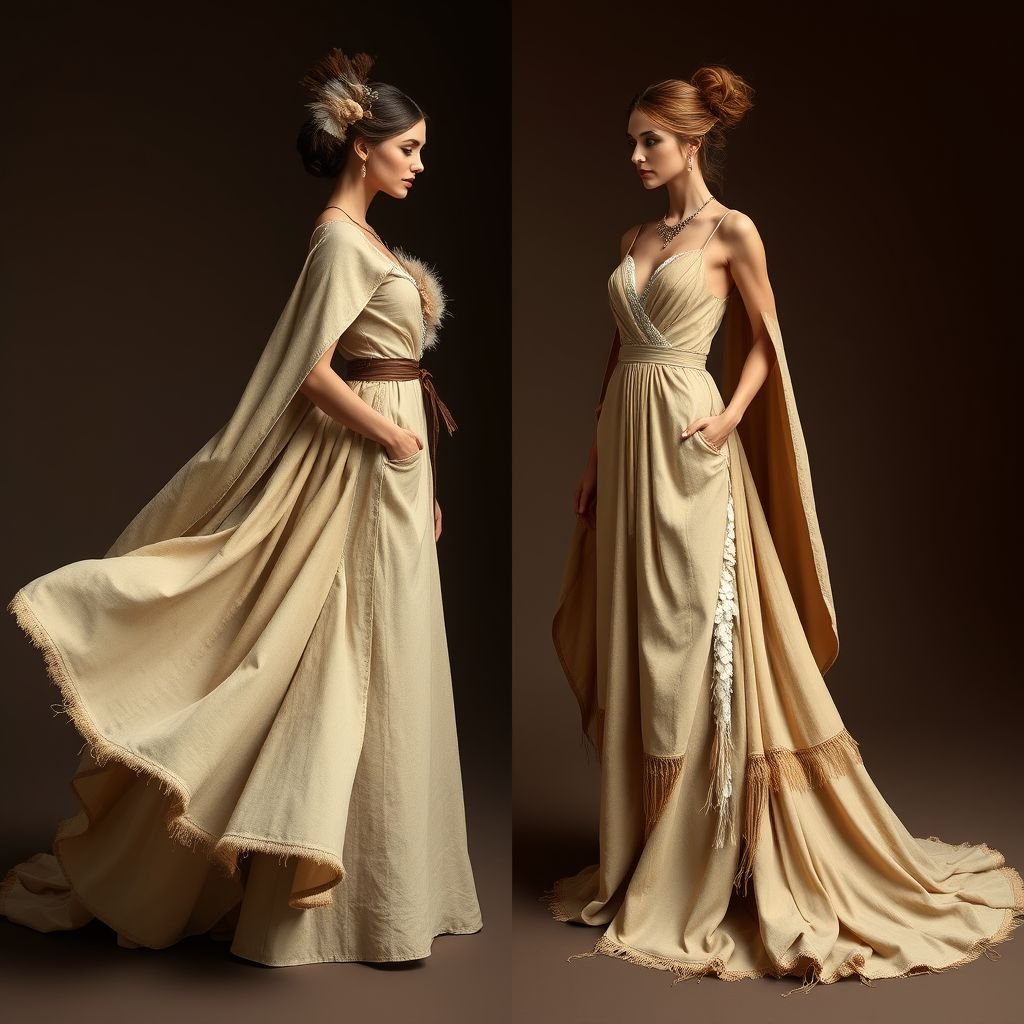Wedding dress
Design a stunning wedding dress inspired by the adventurous spirit of safari fashion. Envision a gown with earthy-toned fabrics, incorporating rugged textures like canvas and linen. Adorn it with nature-inspired embellishments such as feathers and beadwork. Include practical elements like pockets and a flowing cape for a wild, yet elegant bridal look.