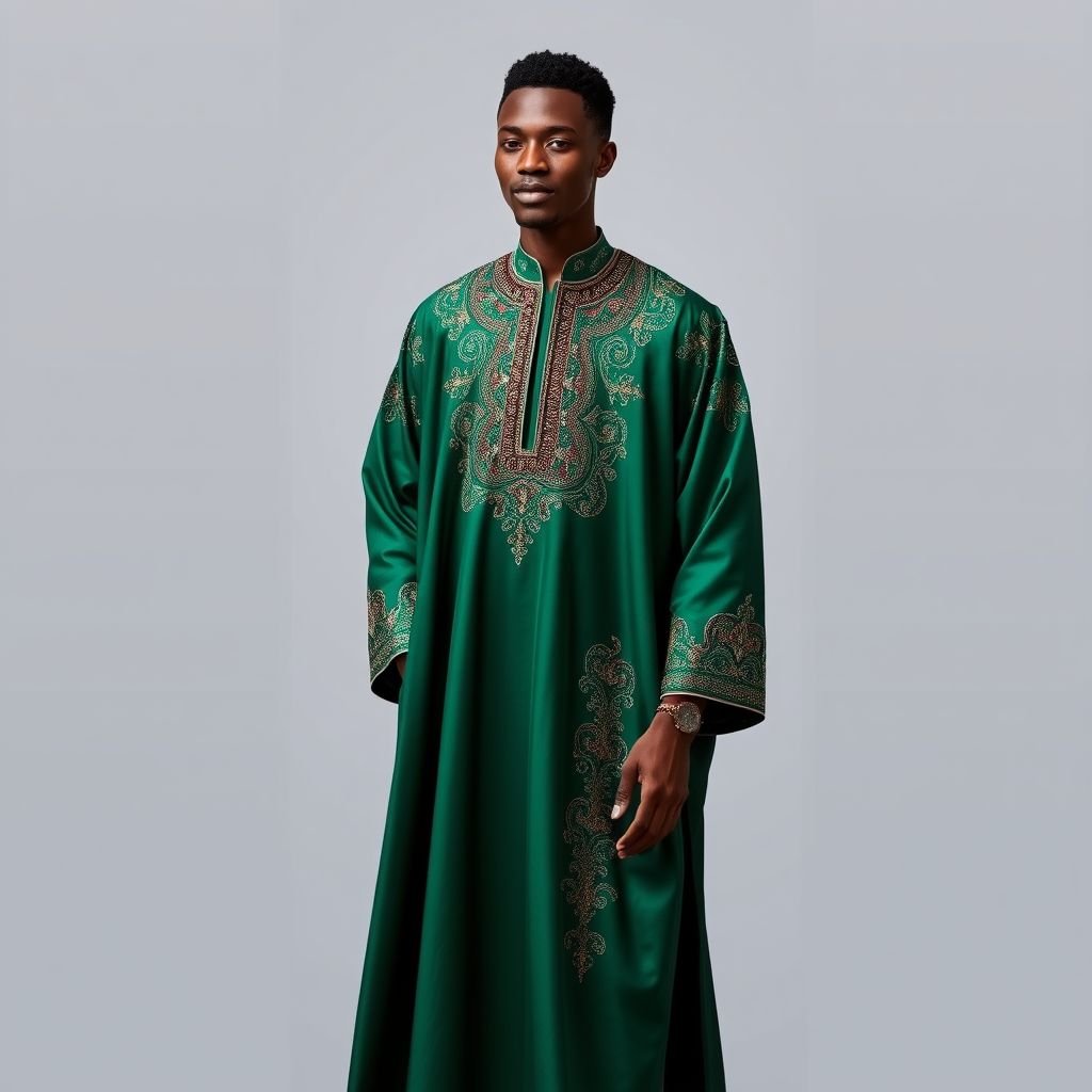 Create a sophisticated Nigerian kaftan style for men with interesting and different embroidery work. Create it in emerald green and add stones to the embroidered section
Design an elegant Nigerian kaftan for men, featuring intricate embroidery inspired by traditional African motifs. Use a rich emerald green fabric as the base, and embellish with shimmering stones that highlight the embroidery patterns. Incorporate flowing silhouettes and unique collar designs to celebrate the essence of African heritage and sophistication.