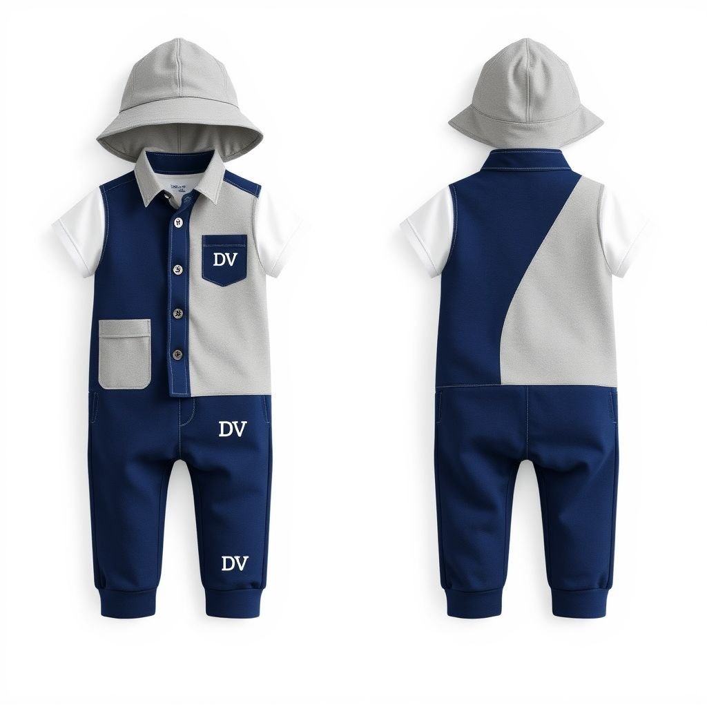 SHEIN Baby Boy 2 In 1 Splice Vest Jumpsuit With Hat, Gentleman Outfits. With “DV” on the bottom left corner.
Design a chic yet playful casual outfit for a baby boy featuring a 2-in-1 splice vest jumpsuit with an easy snap closure and breathable cotton fabric. Include a matching hat for sun protection. Adorn the jumpsuit with smart "DV" embroidery on the bottom left corner, ensuring comfort and style for everyday adventures.