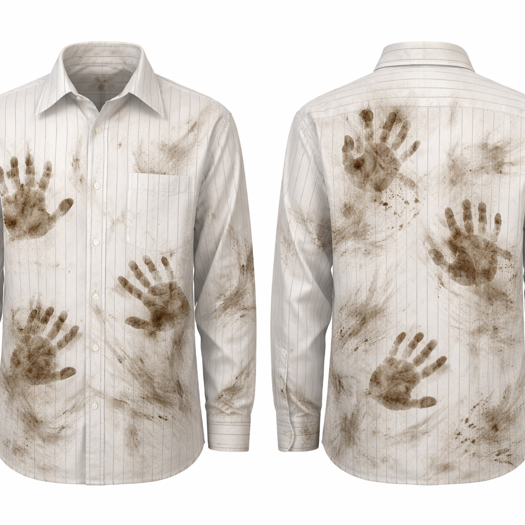 I want a white button up shirt with black pinstripes on it. Skinny lines, and throughout the shirt I want hand prints and dirt smudges as if my son is touching my workshirt with his dirty hands
I want a white button up shirt with black pinstripes on it. Skinny lines, and throughout the shirt I want hand prints and dirt smudges as if my son is touching my workshirt with his dirty hands, show front and back