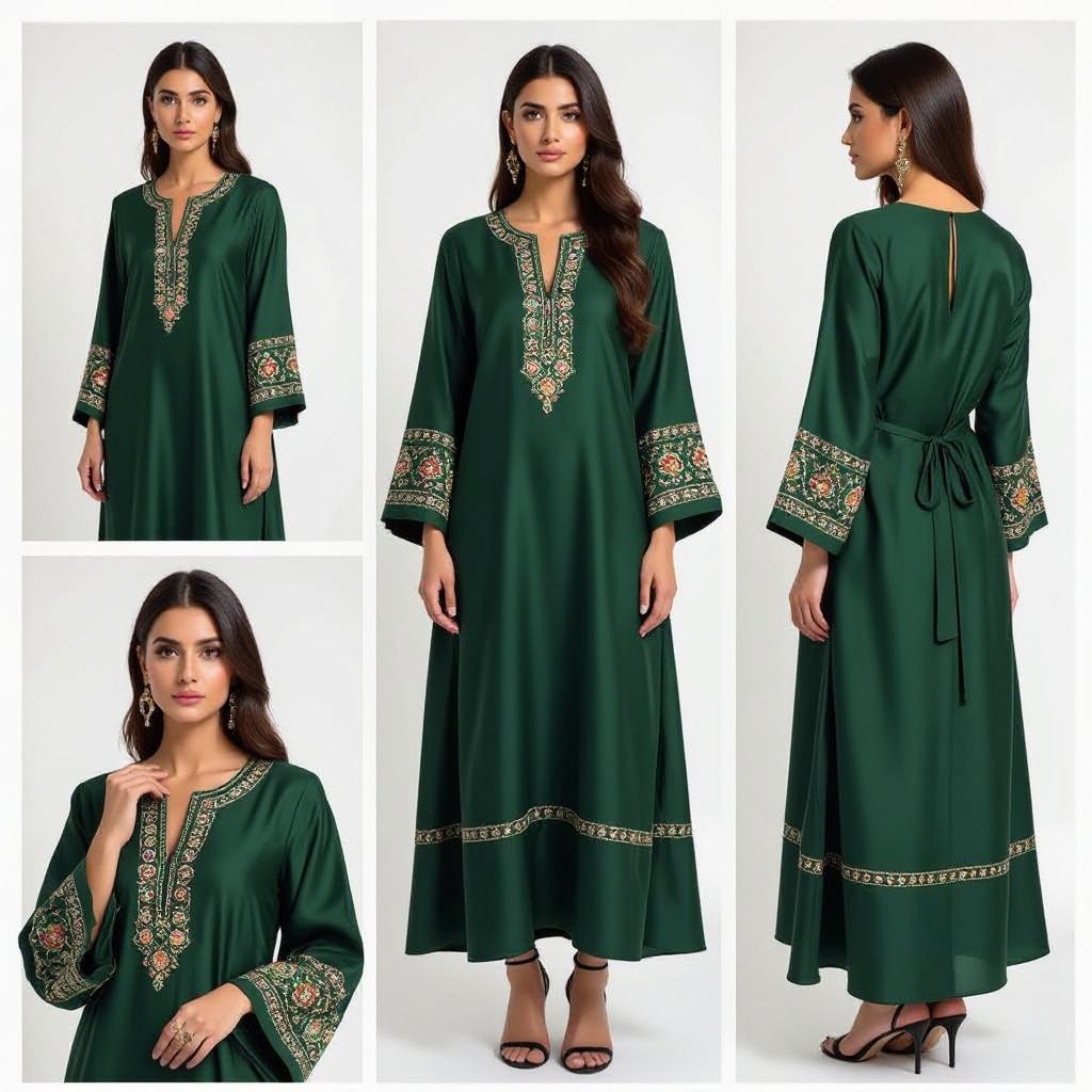 Ich möchte gerne, dass du eine afghan dress erstelltet aber in modern Style in der Farbe dunkle grün
Create a modern Afghan dress in dark green silk, featuring a straight cut and embroidered cuffs.