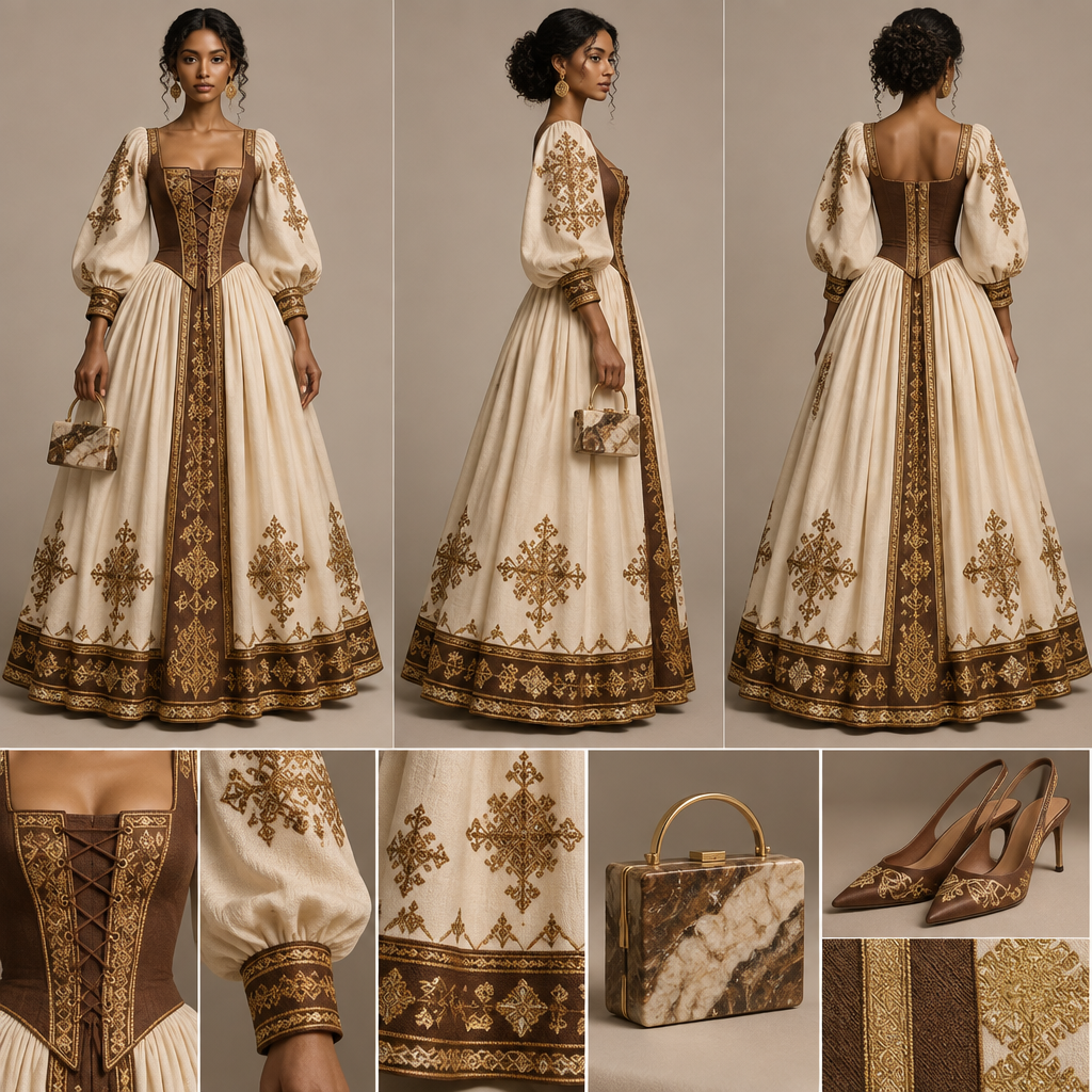 A Female Habesha Kemis design, made of Cotton, with a soft, cosy hand, suitable for Summer, in Classic style, shown on a model with brown skin. colour : chestnut + belge+ gold
style : royal historical elegant
bodice : fitted corset with front lace
puff sleeves with gathered cuffs
long wide flowing floor length skirt
Gold boho embroidered ( habesha kemis pattern)
fabric cotton with habesha kemis pattern
shoes : sling back shoes
bag: stone slab ( with the above colours)
show show front & back & side
show all details and colours , design detail
make it handmade like please thank for all Present it as professional fashion catalogue photography: the garment is the subject, shown full-length with editorial styling, neutral posing and tasteful, non-suggestive framing.
photorealistic fashion design, A Female Habesha Kemis design, made of Cotton, with a soft, cosy hand, suitable for Summer, in Classic style, shown on a model with brown skin. colour : chestnut + belge+ gold
style : royal historical elegant
bodice : fitted corset with front lace
puff sleeves with gathered cuffs
long wide flowing floor length skirt
Gold boho embroidered ( habesha kemis pattern)
fabric cotton with habesha kemis pattern
shoes : sling back shoes
bag: stone slab ( with the above colours)
show show front & back & side
show all details and colours , design detail
make it handmade like please thank for all Present it as professional fashion catalogue photography: the garment is the subject, shown full-length with editorial styling, neutral posing and tasteful, non-suggestive framing., classic style, just the design no text, show front and back