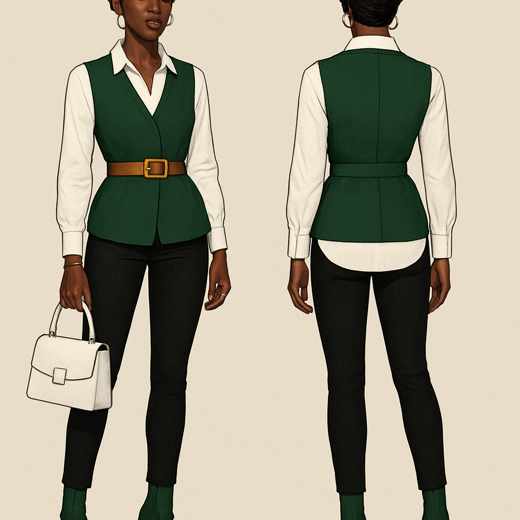 Black woman
Finger waves
White collared shirt right side tucked in left side out gold belt
Green vest
Green heel boots
Tight black pants
Gold rings and bracelet
White earrrings
White purse
Black woman
Finger waves
White collared shirt right side tucked in left side out gold belt
Green vest
Green heel boots
Tight black pants
Gold rings and bracelet
White earrrings
White purse , show front and back