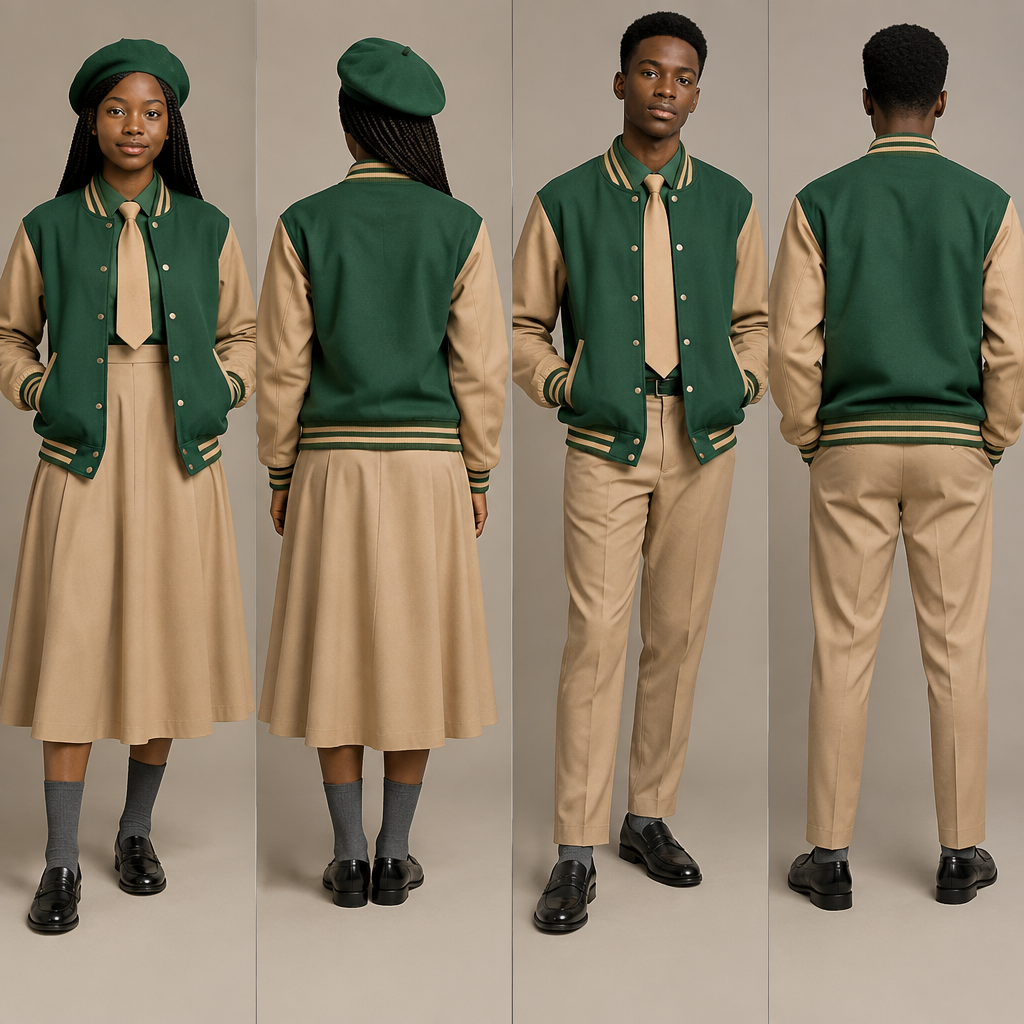 Design a light brown baseball jacket with green accents for both male and female. Light brown arms .No writings on the jacket . Use black teenagers as models. show back and front face.
A fit and flare dress top half green and bottom half light brown,covering chest area,almost reaching ankles. Green barrett, light brown tie and grey socks for the female.
A light brown relaxed trouser reaching ankles. Green shirt, light brown tie and grey socks for the male.
Nice black school shoes for both. Both must be wearing baseball jacket. Use shamrock green. South Africa fashion aesthetics. Present it as professional fashion catalogue photography: the garment is the subject, shown full-length with editorial styling, neutral posing and tasteful, non-suggestive framing.
photorealistic fashion design, Design a light brown baseball jacket with green accents for both male and female. Light brown arms .No writings on the jacket . Use black teenagers as models. show back and front face.
A fit and flare dress top half green and bottom half light brown,covering chest area,almost reaching ankles. Green barrett, light brown tie and grey socks for the female.
A light brown relaxed trouser reaching ankles. Green shirt, light brown tie and grey socks for the male.
Nice black school shoes for both. Both must be wearing baseball jacket. Use shamrock green. South Africa fashion aesthetics. Present it as professional fashion catalogue photography: the garment is the subject, shown full-length with editorial styling, neutral posing and tasteful, non-suggestive framing., just the design no text, show front and back