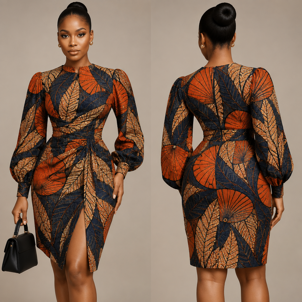African wear dress
Knee level with a cut in front
With long sleeves
photorealistic fashion design, African wear dress
Knee level with a cut in front
With long sleeves
, just the design no text, show front and back