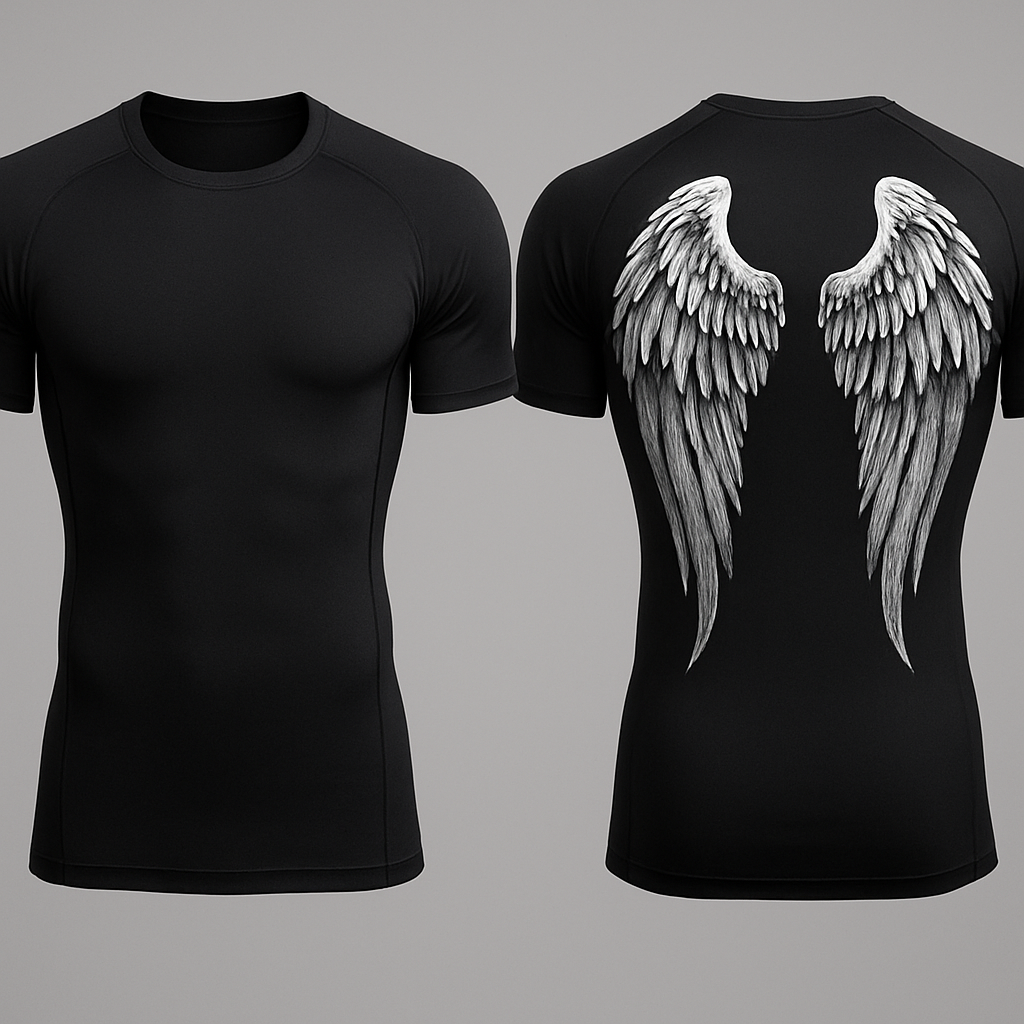 Black base compression fit short sleeve rash guard with angel wings in the back 


Black base compression fit short sleeve rash guard with angel wings in the back 
, show front and back
