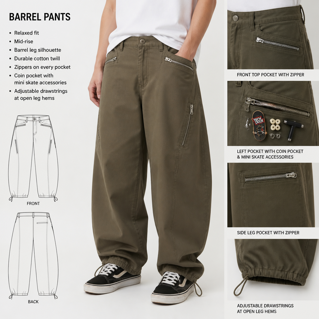 Barrel style pants with innovative skateboarding accessories inside the left pocket such as a coin pocket, zippers on each pocket including the front top pocket, and drawstrings on the open legs.
Relaxed mid-rise barrel style pants made of durable cotton twill in a solid color. Features a wide, curved-leg silhouette, zippers on every pocket including the front top pocket, adjustable drawstrings at the open leg hems, and a left pocket with a coin pocket and mini skateboarding accessories inside.