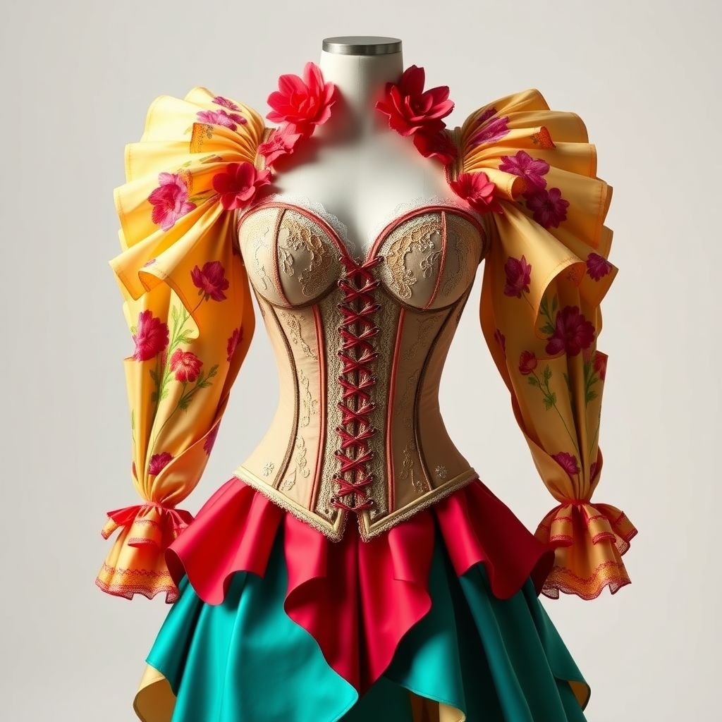Corset top with umbrella hands
Design a whimsical corset top featuring structured, detachable sleeves resembling oversized umbrellas, adorned with vibrant floral patterns. The bodice incorporates intricate lace detailing and a sweetheart neckline, creating an elegant hourglass silhouette. Pair this with high-waisted, asymmetrical skirts in coordinating hues, blending playful fantasy with sophisticated couture for a striking visual statement.