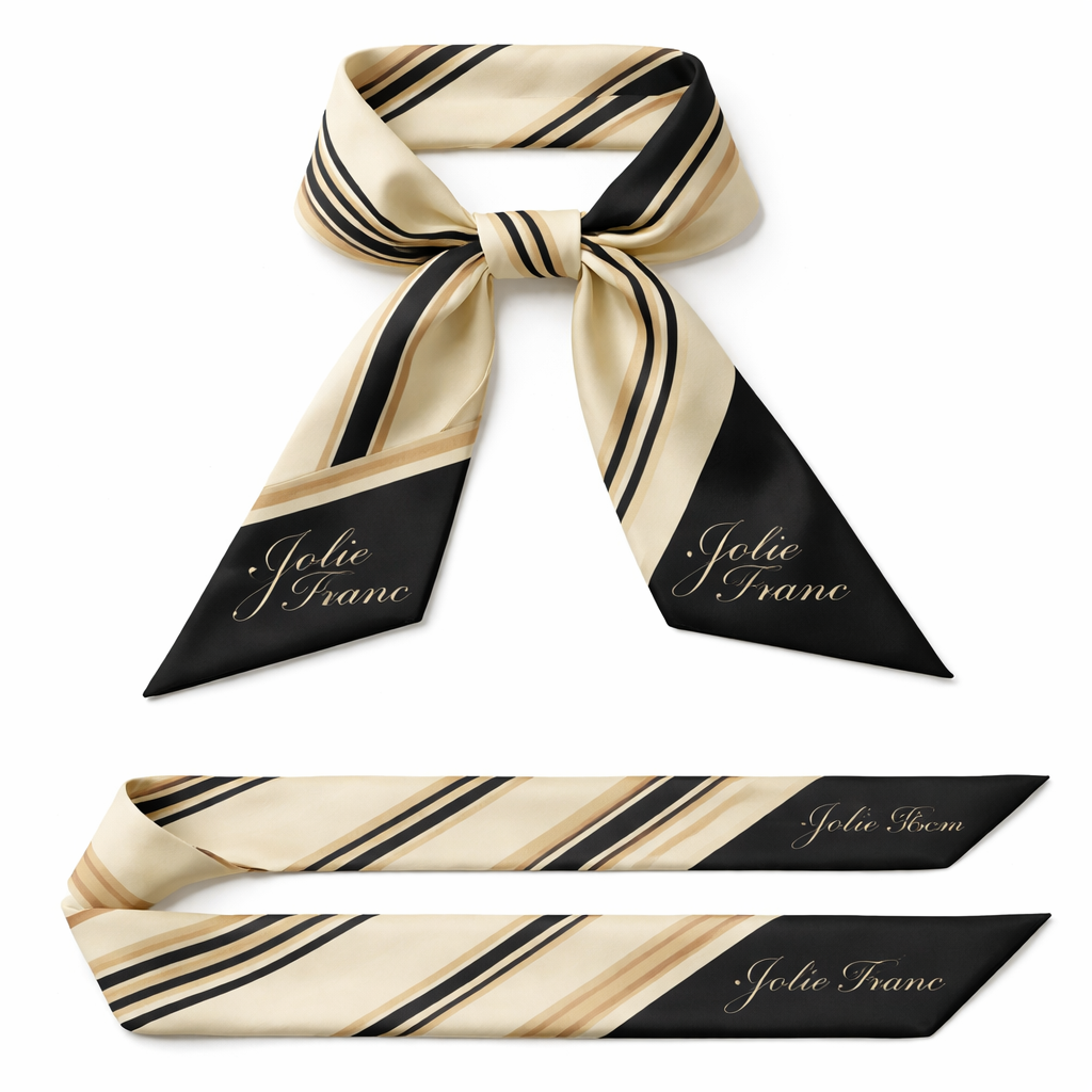 Design a 5cm x 86cm silk twilly for my brand Jolie Franc in cursive at the end tails. Use Jo Malone brand colors
Design a 5cm x 86cm silk twilly for my brand Jolie Franc in cursive at the end tails. Use Jo Malone brand colors, show front and back