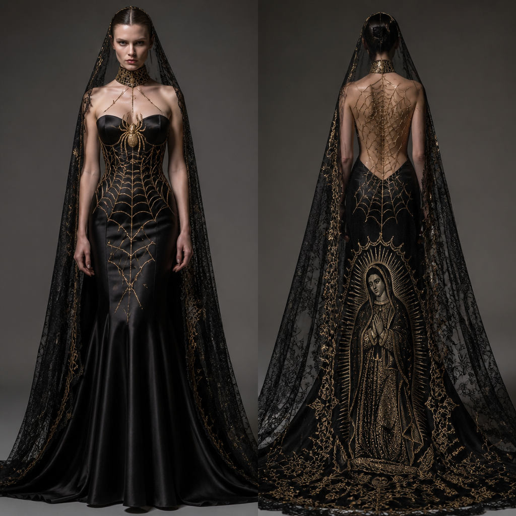 A strapless black silk wedding dress with a gold spiderweb and nothing behind it connected to the neck line with a gold band and a long black lace veil with the Virgin Mary on it
photorealistic fashion design, A strapless black silk wedding dress with a gold spiderweb and nothing behind it connected to the neck line with a gold band and a long black lace veil with the Virgin Mary on it, gothic style, just the design no text, show front and back