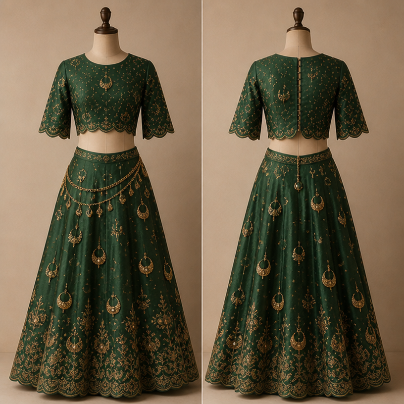 Skirt ankle length. Give it a little western touch. Naath (ornament wore in nose) on green cloth.
edit the attached fashion design with these instructions: Skirt ankle length. Give it a little western touch. Naath (ornament wore in nose) on green cloth.. keep it photorealistic, just the design no text