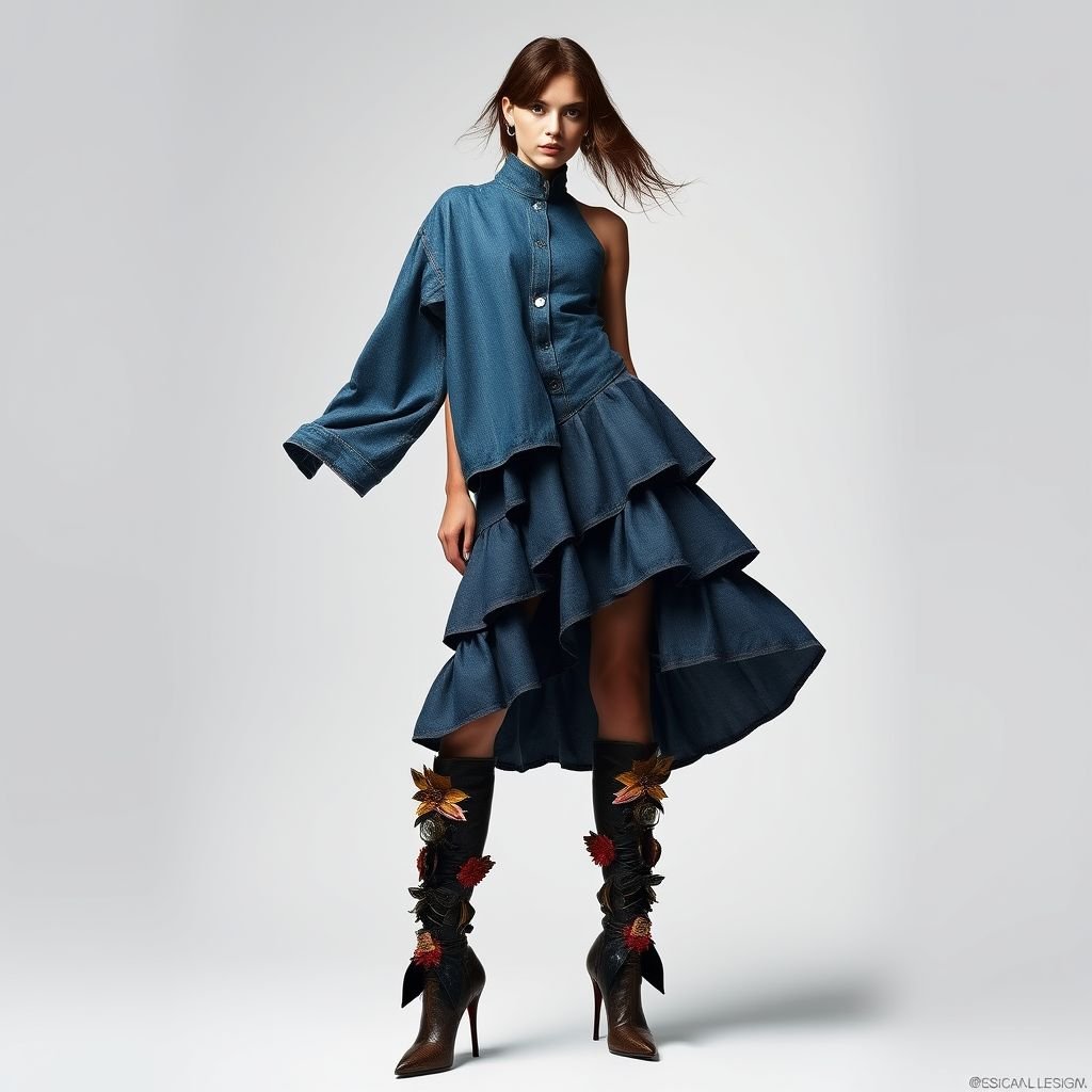 Denim with a short skirt, asymmetrical top, knee high boots and a flare
Imagine a daring avant-garde ensemble featuring an oversized asymmetrical denim top, one sleeve cascading dramatically while the other remains structured. Pair this with a flared, tiered short skirt that sways with every movement and knee-high boots adorned with unconventional materials and bold accents, creating a striking juxtaposition of textures and silhouettes.