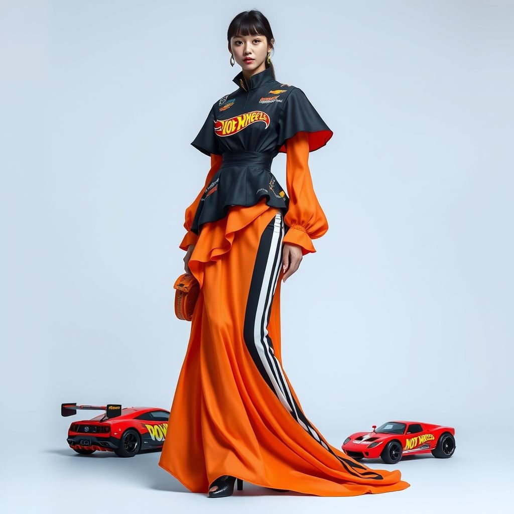 Create me a unique long dress with hot wheel cars hanging from it, with a race car outfit look.met gala dress. But I want it to be modest I want the arms and legs covered. and empowers a Met Gala look. Put “DV” on it somewhere
Design a modest long dress in Japanese street fashion, adorned with vibrant Hot Wheels cars as playful accents. The silhouette features layered, flowing fabric. Opt for a sleek, high-collared neckline, with billowing sleeves and long, fitted trousers beneath. Incorporate racing stripes and a prominent "DV" logo, creating a stunning Met Gala ensemble.