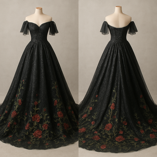 Long train Glittery Black wedding dress with embroidered green vines and red roses at the bottom. Corset back with off the shoulder sleeves made from chiffon.
