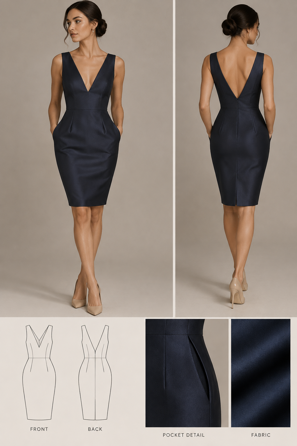 formal dress with pockets without sleeves and open v neck and back v , little bit shorter and pencile shape
formal dress with pockets without sleeves and open v neck and back v , little bit shorter and pencile shape