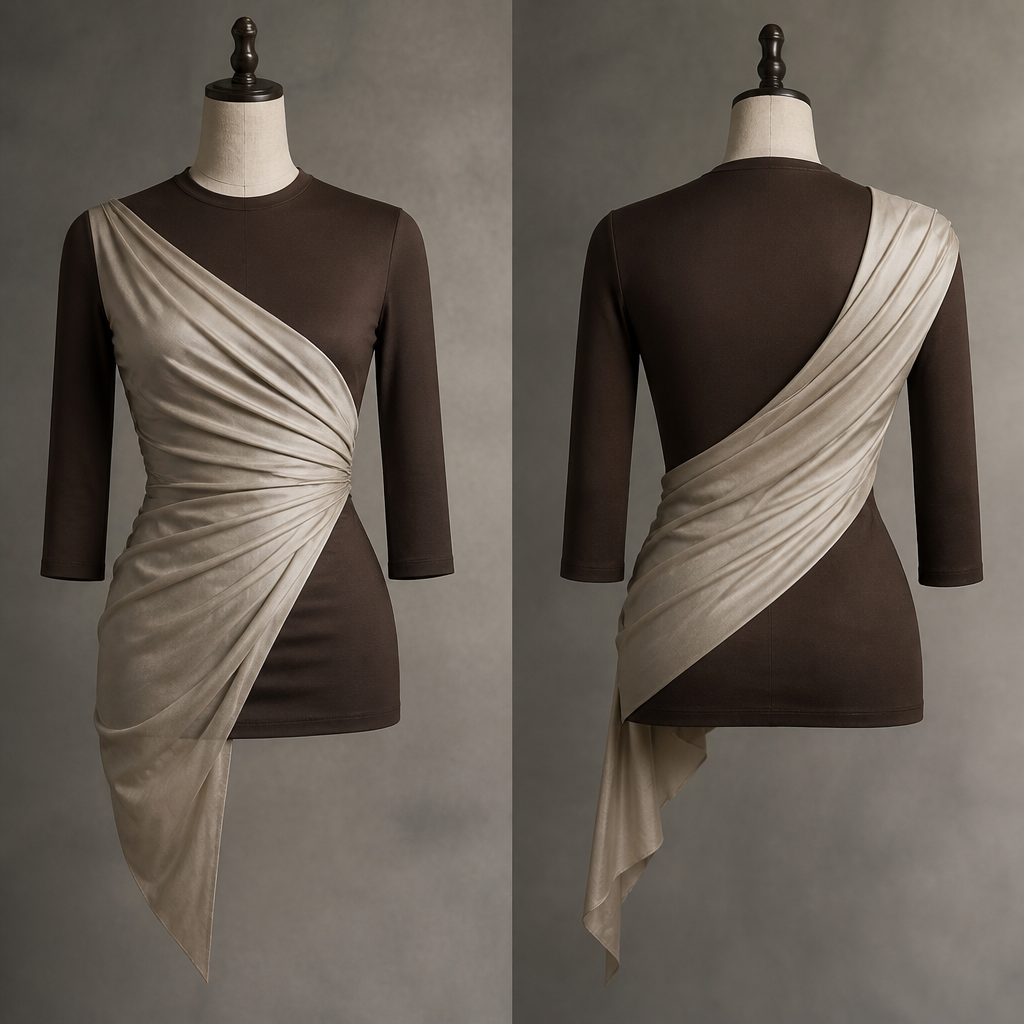 photorealistic fashion design, A Male Top design, suitable for Spring. 3/4 sleeve skin tight cotton top in brown with a raw silk draping across the body that is pleated in ivory. Design with modest coverage., just the design no text, show front and back. Refinement: darker brown cotton top and the silk should be more draped
photorealistic fashion design, photorealistic fashion design, A Male Top design, suitable for Spring. 3/4 sleeve skin tight cotton top in brown with a raw silk draping across the body that is pleated in ivory. Design with modest coverage., just the design no text, show front and back. Refinement: darker brown cotton top and the silk should be more draped, just the design no text
