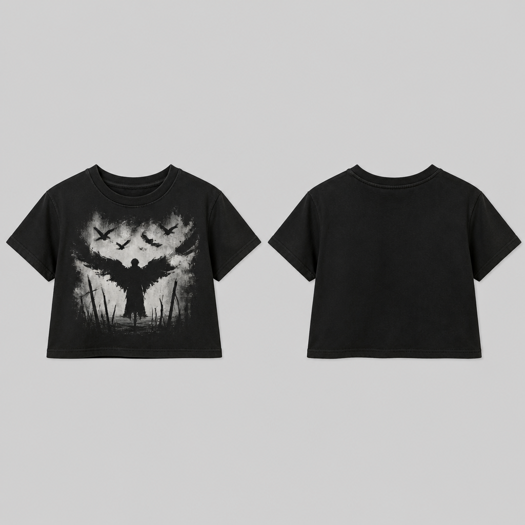 It’s need to be a black crop tshirt with some cool painting on the front and nothing on the back
photorealistic fashion design, It’s need to be a black crop tshirt with some cool painting on the front and nothing on the back, skater style, just the design no text, show front and back