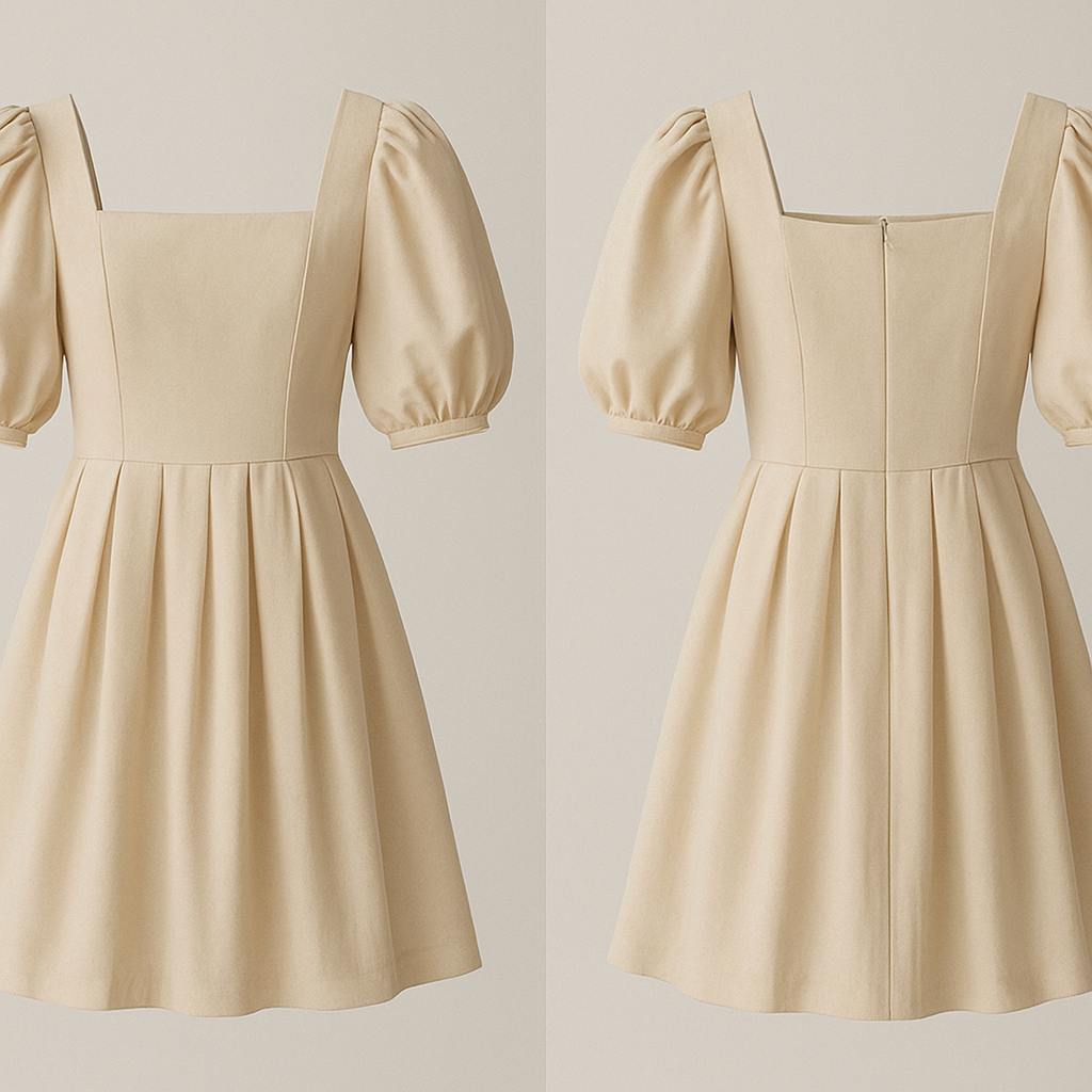 Hãy tạo cho tôi một chiếc đầm cổ vuông tay bồng xếp li
Hãy tạo cho tôi một chiếc đầm cổ vuông tay bồng xếp li , show front and back