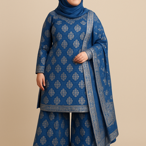 I’m a plus size woman. I want to redesign my saree into a sharara. It should be modest with hijab. Full sleeves. It’s a blue banarasi saree with silver border. Top should have knee length with front and side slits. Bottom should be a medium palazzo pant
