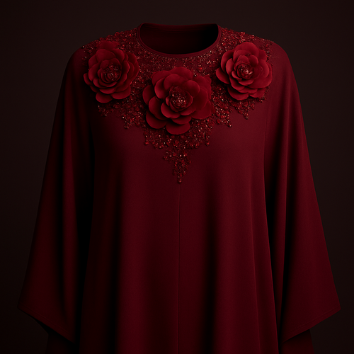 The Ruby Flora Majesty Abaya
Tone: Deep dark ruby
Design:
Large layered 3D ruby florals arranged around the neckline like a luxury necklace.
Embellishment:
Red glass stones and micro-beads giving a regal shine.
Vibe: Soft royalty + deep sensual luxury.