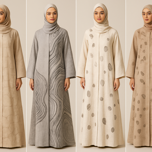 Create a modest two-piece linen abaya, the first of its kind, featuring a unique stone design that exudes a classy and sophisticated vibe. I’d like four designs, each showcasing different styles and fabrics. Incorporate high-end, unique chic stone designs to make them truly special. Add little sophisticated stone designs.