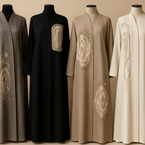 Create a modest abaya that's the first of its kind, featuring a unique stone design that exudes a classy and sophisticated vibe. I'd like four designs, each showcasing different styles and fabrics.
Incorporate high-end, unique chic stone designs to make them truly special. Add a little sophisticated stone work to it.