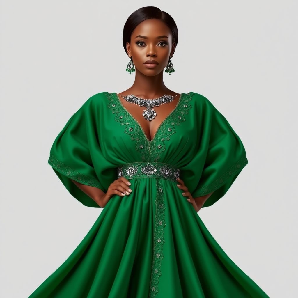 Create a kaftan style design that incorporates a little slice of structure, some ruched details in dark hunter green color and some crystal embroidery to help cover a ruched waist. This is woman’s kaftan that combines the modern with the traditional Nigerian kaftan look. Make the design on one continuous flowing fabric piece. Create 5 variation in hunter green. With a lower neckline
Design an elegant kaftan inspired by traditional Nigerian aesthetics, featuring flowing, lightweight fabric in rich hunter green. Integrate structured elements with soft ruched details to accentuate the waist, adorned with intricate crystal embroidery. Explore five variations that emphasize a lower neckline, showcasing a harmonious blend of modern sophistication and cultural heritage.