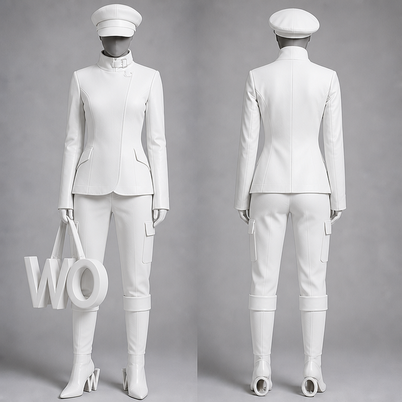 Make this whole outfit in white
edit the attached fashion design with these instructions: Make this whole outfit in white. keep it photorealistic, just the design no text