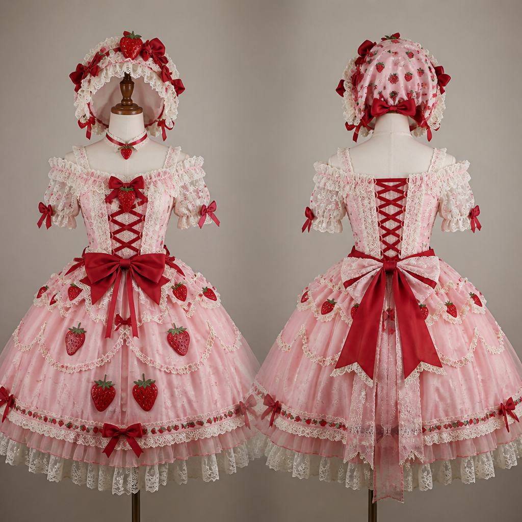 A strawberry shortcake themed dress with tule, lace and lots of cute red bows and a strawberry shortcake headpiece
photorealistic fashion design, A strawberry shortcake themed dress with tule, lace and lots of cute red bows and a strawberry shortcake headpiece , lolita style, just the design no text, show front and back
