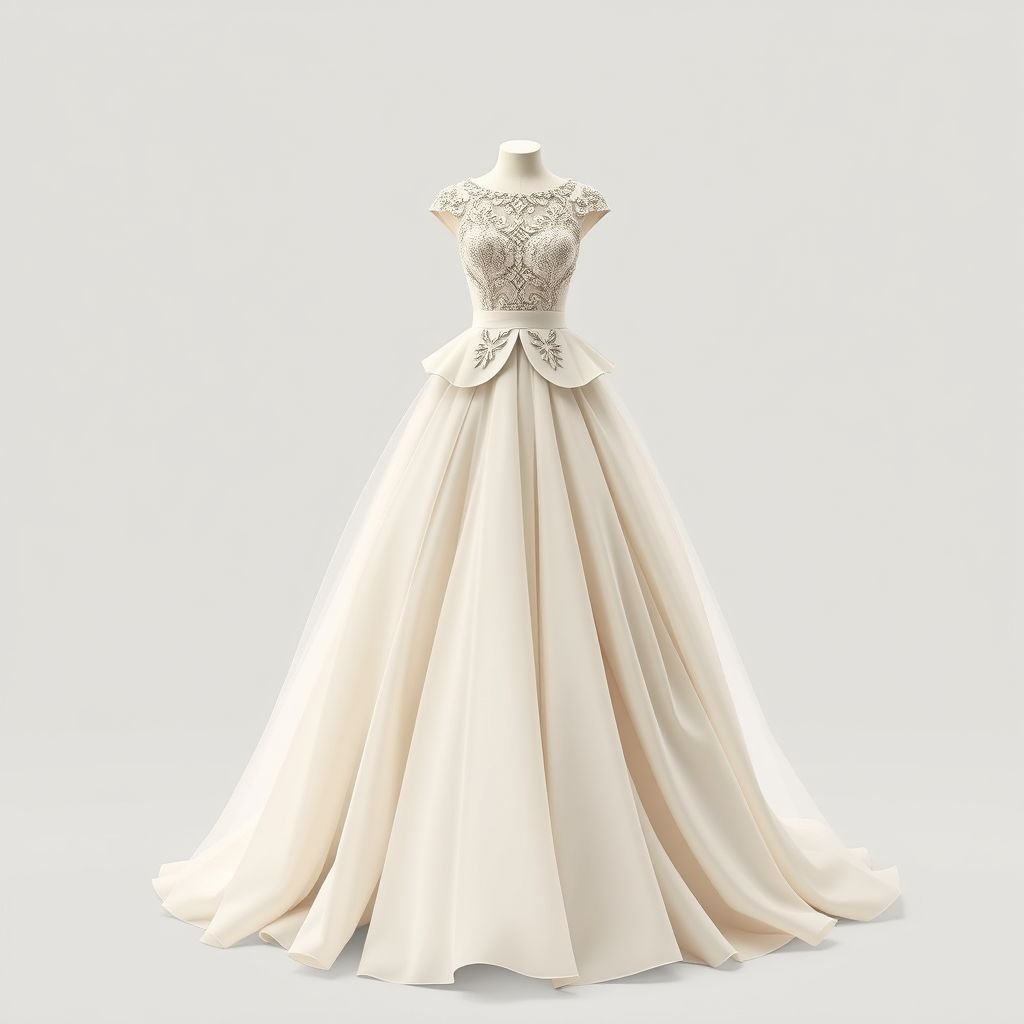 Bodice with peplum and princess line until waist. Long fluff skirt
Design an elegant classic gown featuring a structured bodice adorned with intricate lace detailing and a sophisticated peplum accent that beautifully highlights the waist. The silhouette transitions into a long, voluminous skirt, cascading in luxurious layers of soft tulle, evoking timeless charm and grace, perfect for a grand evening affair.