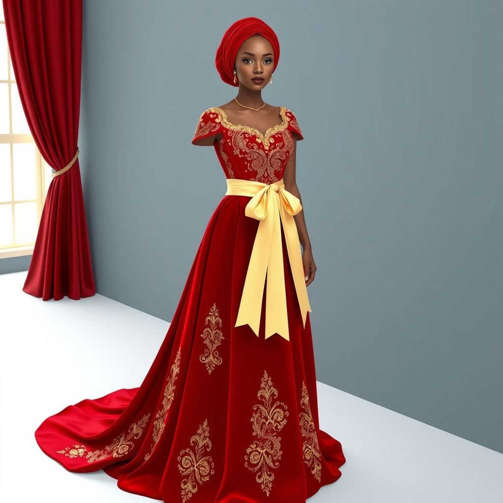 Red velvet dress a wedding shash having Somali culture mixed with Ethiopian
Design an elegant red velvet gown, cascading gracefully to the floor, featuring intricate gold embroidery inspired by Somali and Ethiopian cultures. The dress embraces a fitted bodice with delicate cap sleeves, adorned with traditional patterns. A flowing wedding sash delicately ties at the waist, enhancing the gown’s romantic allure and cultural richness.